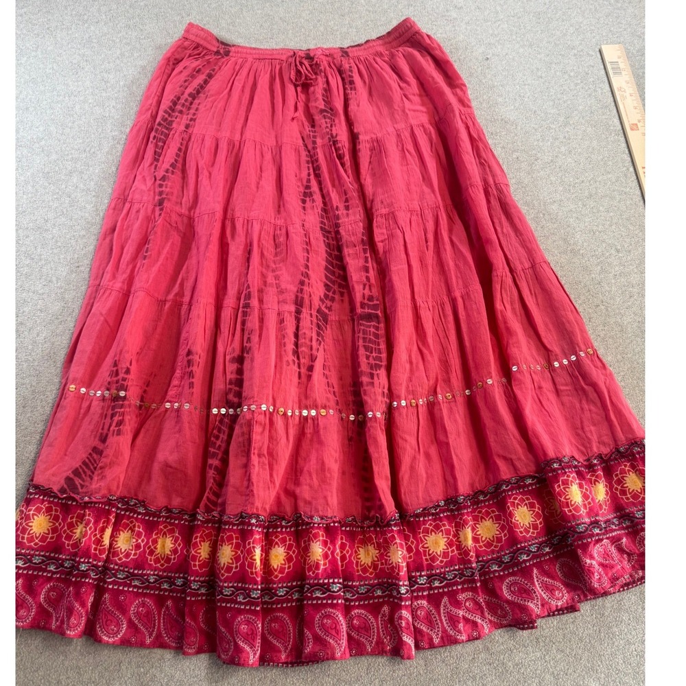 Kaktus‎ Tiered Maxi Skirt Women L Pink Excellent Tie Dye Boho Sequin Trim
